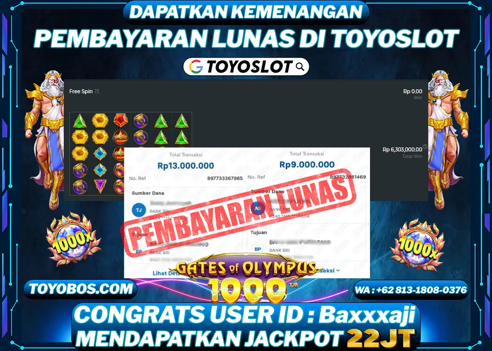 TOYOSLOT - BUKTI KEMENANGAN Gates Of Olympus 1000x Rp22,000,000,- LUNAS